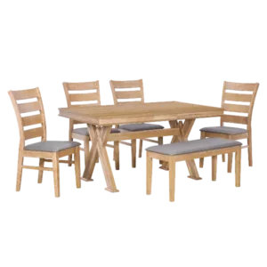 Modern Retro Naturalwash 6-Piece 59" Rectangular Dining Table Set  With Unique Legs and 4 Upholstered Chairs , 1 Bench For Dining Room
