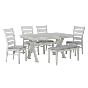 Modern Retro Grey 6-Piece 59" Rectangular Dining Table Set  With Unique Legs and 4 Upholstered Chairs , 1 Bench For Dining Room