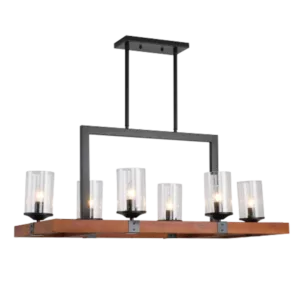 36 in. 6-Light Indoor Black and Oak Linear Chandelier with Light Kit For Indoor