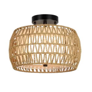 1-Light  Flush Mount Brown Lantern Pendant Light with Rattan Shade For Indoor