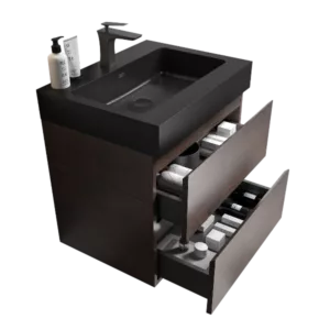 Alice 24" Walnut Bathroom Vanity with Sink, Large Storage Wall Mounted Floating Bathroom Vanity for Modern Bathroom, One-Piece Black Sink Basin without Drain and Faucet