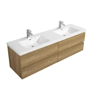 71'' Wall Mounted Double Bathroom Vanity in Natural Wood With White Solid Surface Vanity Top