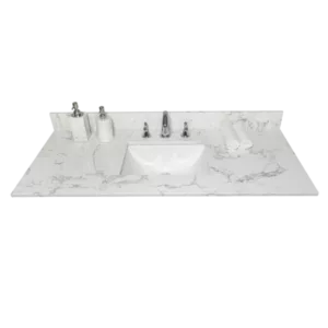 Montary 43x22 bathroom stone vanity top  engineered stone carrara Gray marble color with rectangle undermount ceramic sink and  3 faucet hole with back splash .