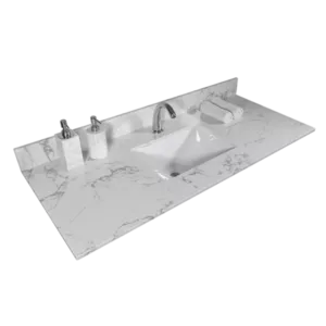 Montary 43x22 inch bathroom stone vanity top  engineered stone carrara Gray marble color with rectangle undermount ceramic sink and  single faucet hole with back splash .