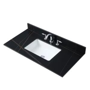 Montary 43inch bathroom stone vanity top black gold color with undermount ceramic sink and three faucet hole with backsplash