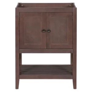 24" Bathroom Vanity Base Only, Solid Wood Frame, Bathroom Storage Cabinet with Doors and Open Shelf, Brown