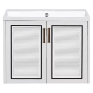 24" Wall Mounted Bathroom Vanity with Ceramic Basin, Two Shutter Doors, Solid Wood & MDF Board, White (One Package)