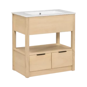 30" Bathroom Vanity with Sink Top, Bathroom Cabinet with Open Storage Shelf and Two Drawers, One Package, Natural