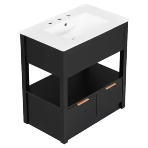 30" Bathroom Vanity with Sink Top, Bathroom Cabinet with Open Storage Shelf and Two Drawers, One Package, Black