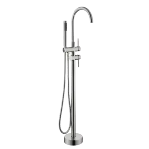 Double Handle Floor Mounted Freestanding Bathtub Faucet with Hand-Shower in Brushed Nickel