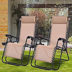 Set of 2 Foldable Steel Recliner Chair in Beige with Cup Holders with Comfortable Headrest